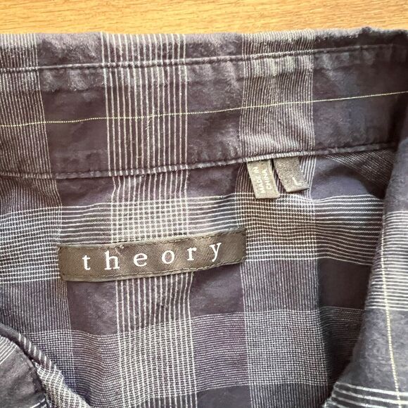 Theory Kyson Shirt Men's Size L Navy Blue Plaid Button Up Long Sleeve - Picture 3 of 8